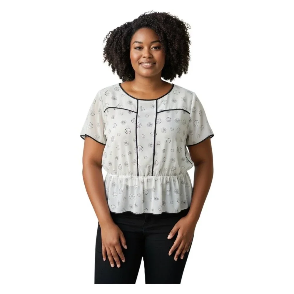 (F-181)Pleione Ivory Black Speckled Peplum Blouse Top Women’s Sz XL Short Sleeve - Picture 1 of 9